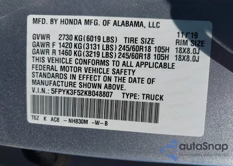 2019 Honda Ridgeline Rtl z USA, uszkodzony, nr VIN 5FPYK3F52KB048807